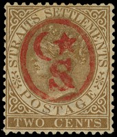 1867 Straits 2c brown watermark Crown CA, overprinted in red with an oval containing crescent, star and capital 'S',...