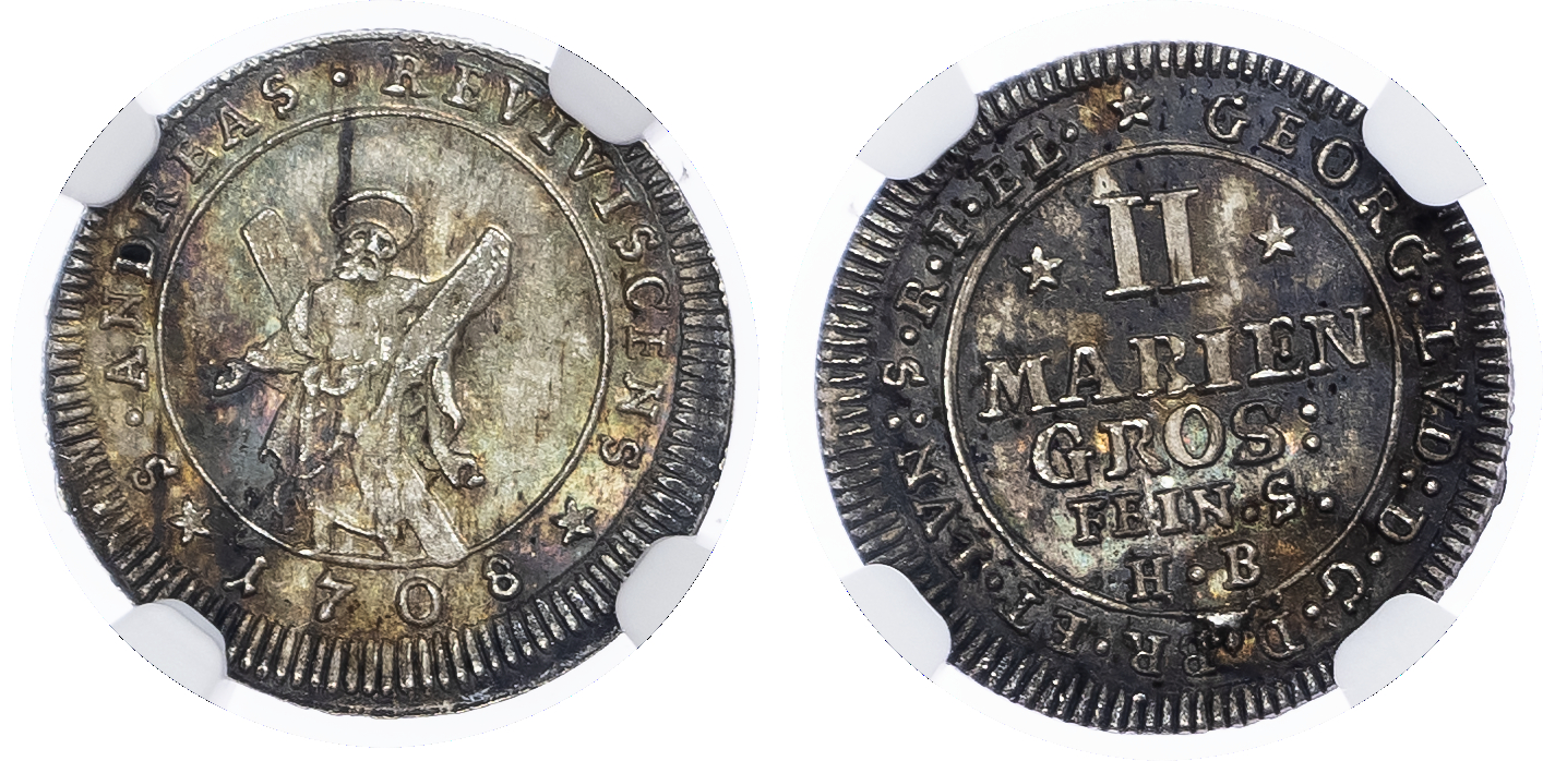 Germany, States. Brunswick-Luneburg-Calenberg-Hannover AR 2 Marien Groschen. 1708 HB.
