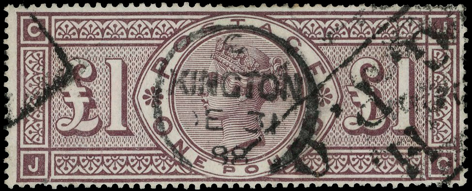 1888 £1 Brown-lilac Pl.2 (Wmk. Orbs). Fine used example lettered JC showing frame break varieties by lower corner square…