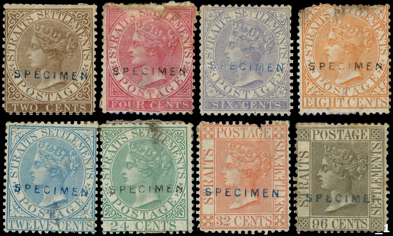 Malaya Straits Settlements 1867-72 wmk CC overprinted 'SPECIMEN' (Type D5) in blue 2c, 6c, 12c, 32c, 96c and in black 4c,...