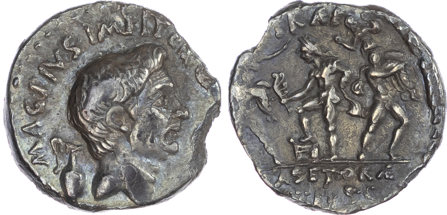 Sextus Pompey (42-40 BC) AR Denarius, Sicilian mint, 3.26g. MAG•PIVS•IMP•ITER, bare head of Pompey Magnus facing right. Rev.