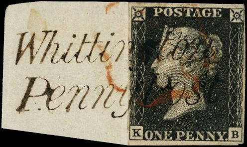 1840 1d Black Pl.6. black ‘WHITTINGTON PENNY POST’ handstamp and a red MC