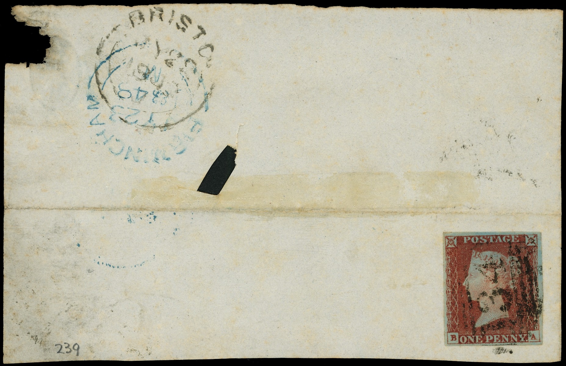 1841 1d red-brown Plate 77b (BA) four good margins, showing variety B BLANK...