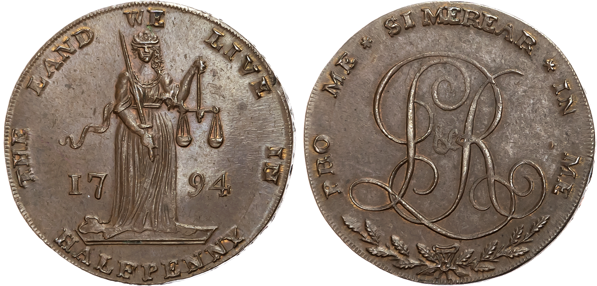 Co. Dub . D ublin , Lloyd & Ridley (button maker and woollen draper, respectively) Halfpenny 1794, Justice standing faci …