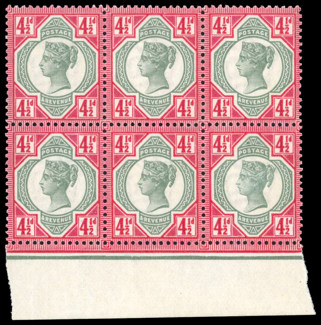 SG 206a 1887-92 Jubilee 4½d green and deep bright carmine block mint