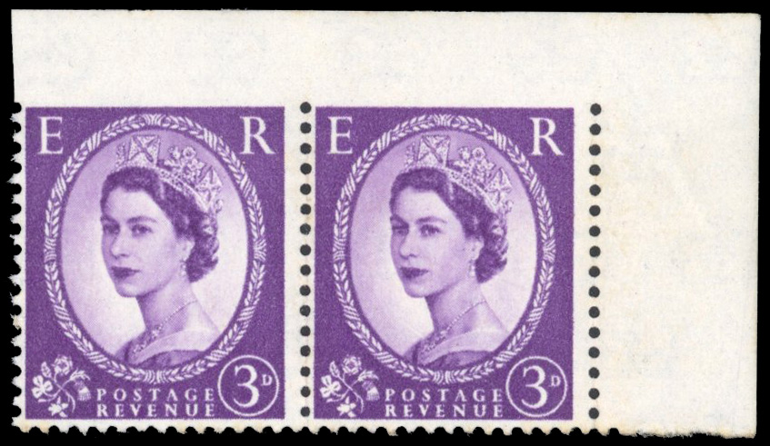 GB: 1962 Multiple Crowns 3d deep lilac, whiter paper, mint marginal pair variety ‘IMPERFORATE BETWEEN STAMP AND TOP MARGIN’