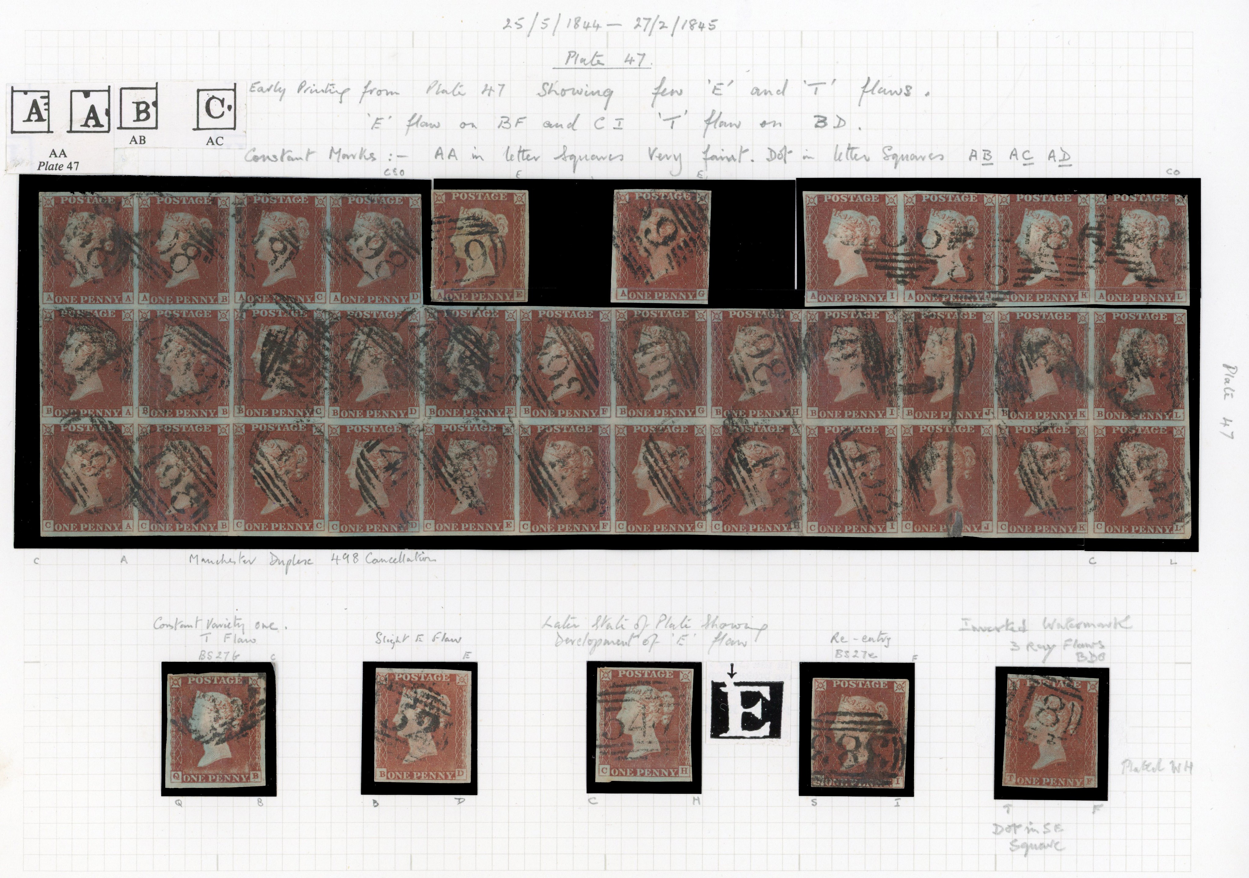 1841 1d Red-brown Pl.47. Irregular block of 28 plus additionals
