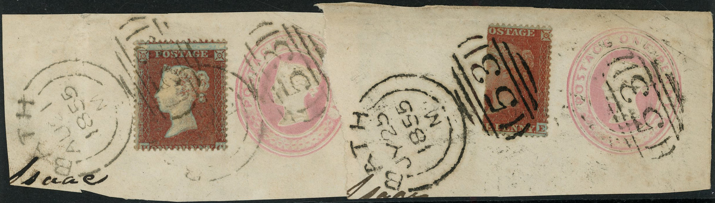 Great Britain 1854-57, Small Crown, 1d red-brown, blued paper, perf 16, Die I, (?E), has been cut vertically