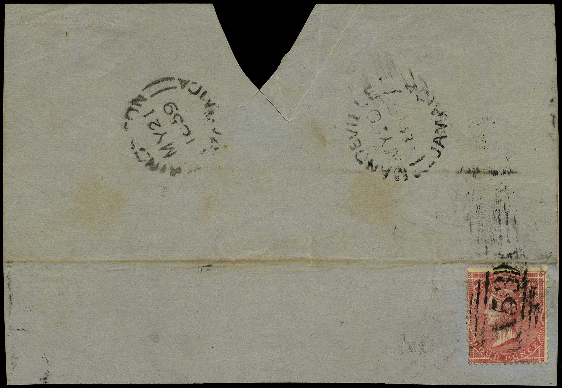 GB USED ABROAD: 1859 Mandeville “A53” on 4d...