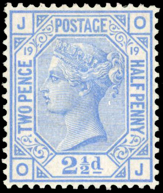 GB 1880 2½d blue plate 19 lettered OJ fine large part o.g. SG 142