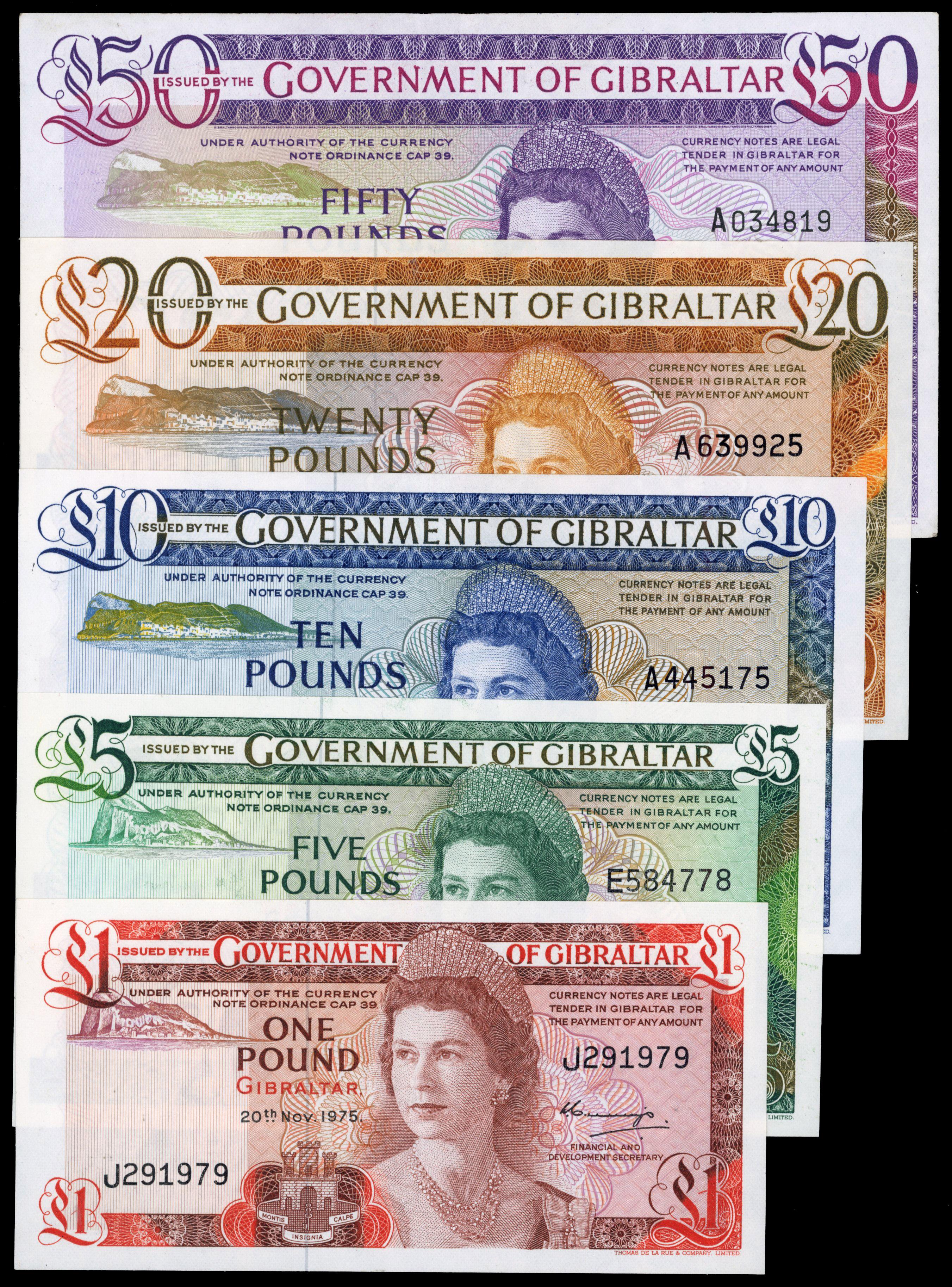 Gibraltar, Government, One Pound, 20 Nov 1979, Five Pounds, 1975, Ten Pounds, 1975, Twenty Pounds 1986, Fifty …