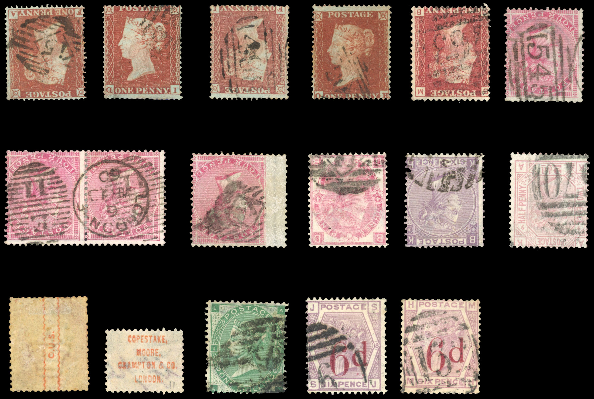 QV used selection of inverted watermark varieties including 1854 1d red-brown plus upright, 