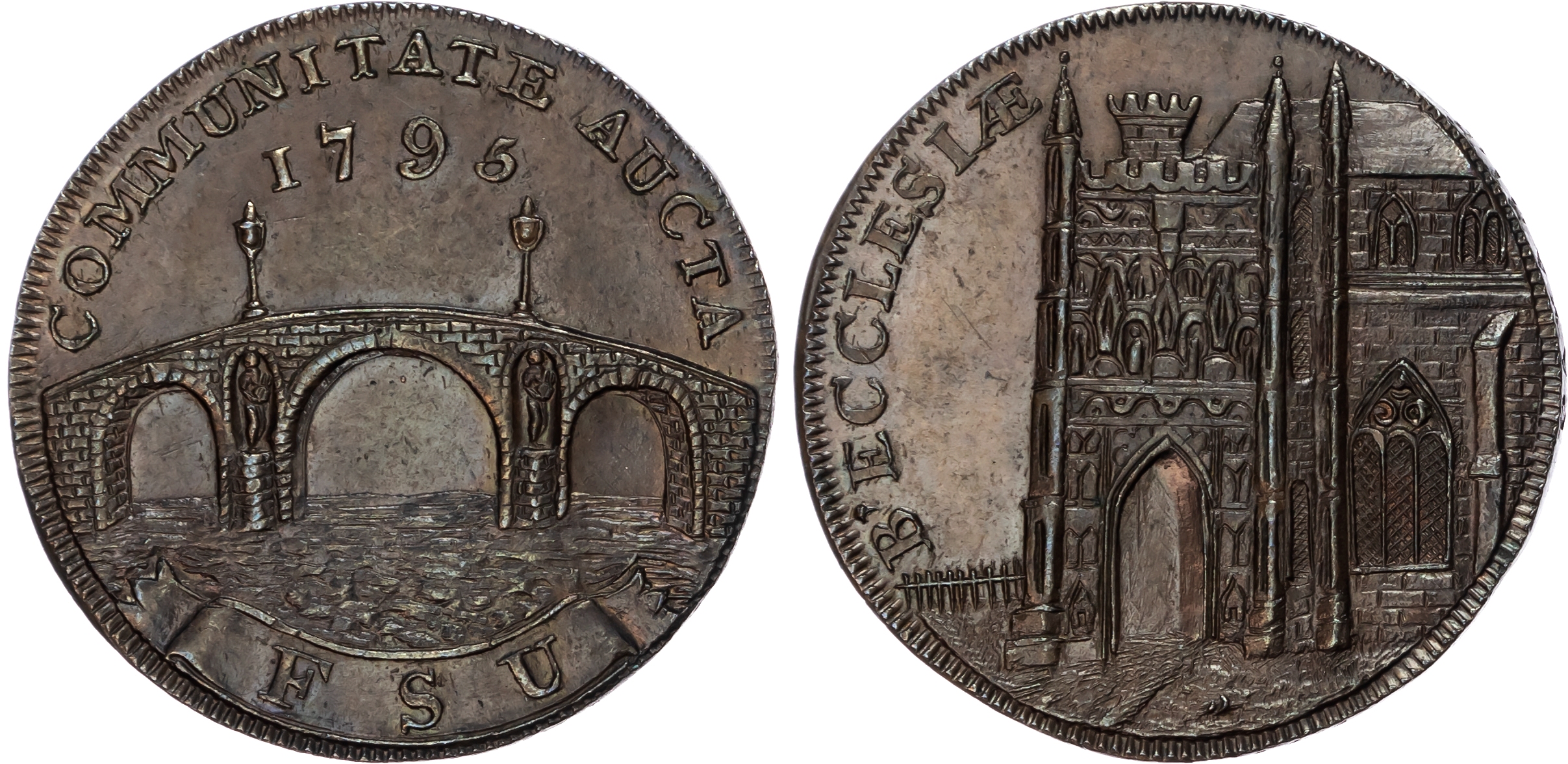 Suff . Beccles , FSU (unknown issuer) Halfpenny 1795, Porch and tower of church, rev. bridge over the Waveney,…