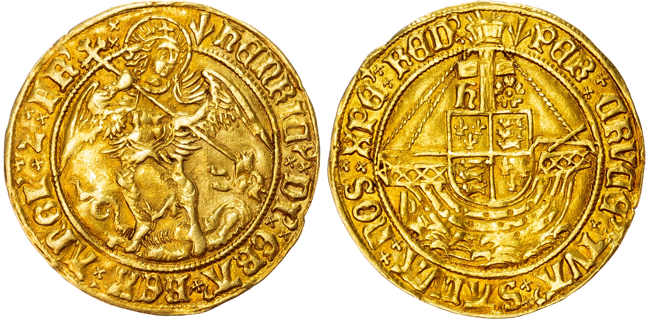 Henry VII (1485-1509) gold Angel, type V, London mint, mintmark pheon (1505-09) both sides.
