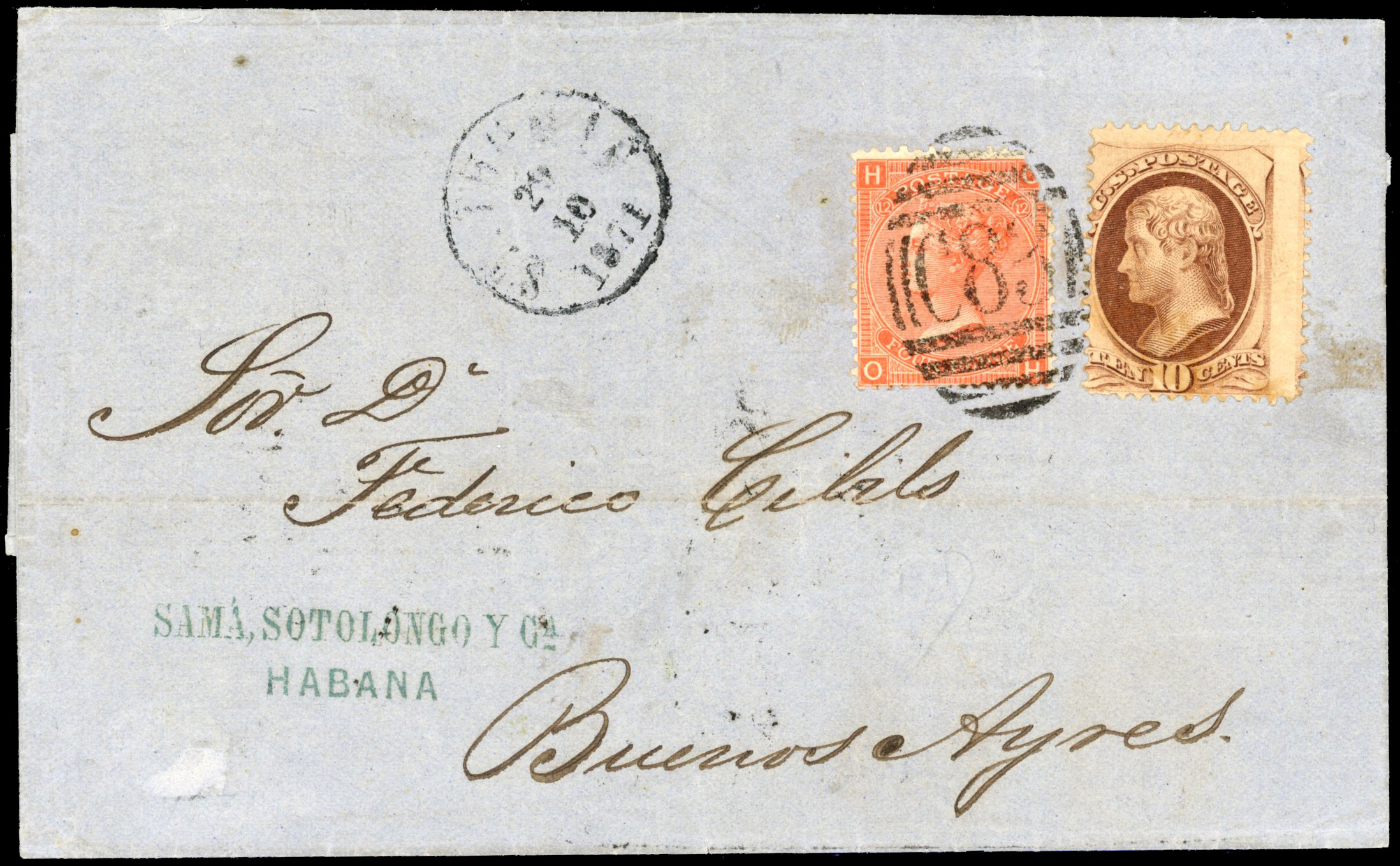 Brazil 1871 Entire from Havana to Buenos Ayres with USA Jefferson 10c brown and GB 1865-73 4d vermilion