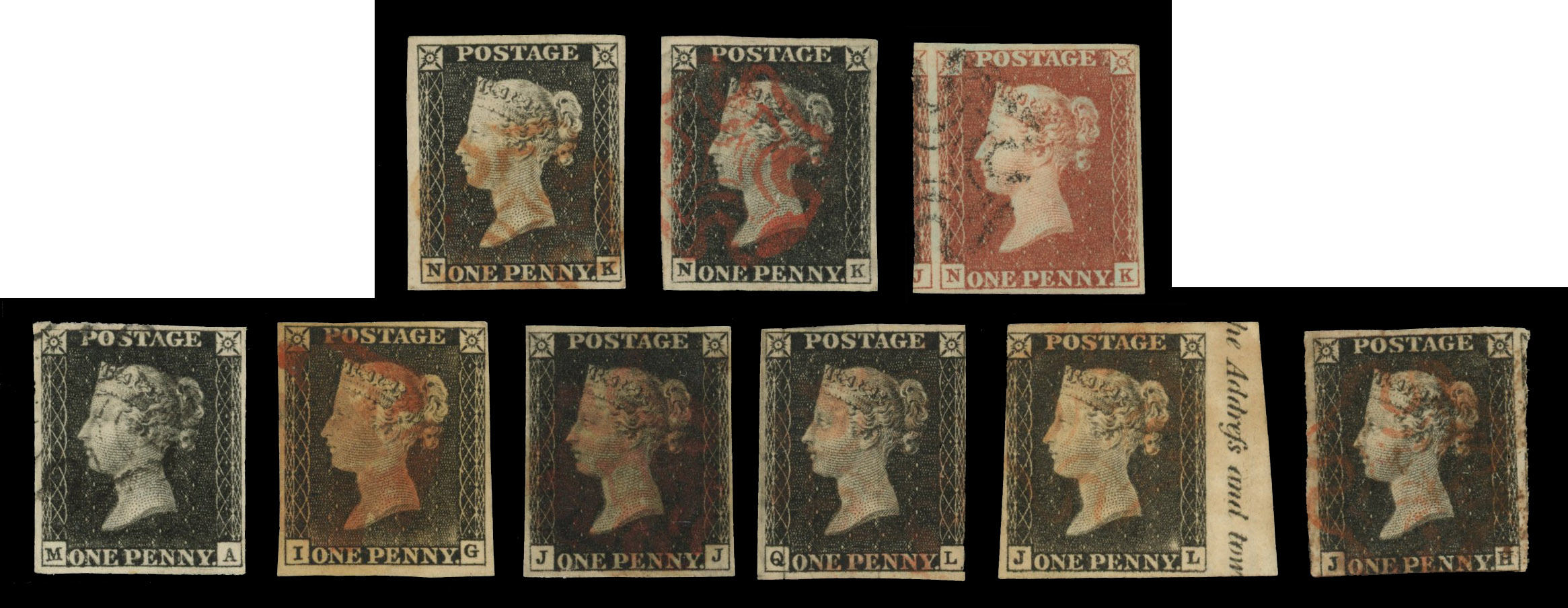 GB 1840 1d black used group on stockcards, SG 1/3.