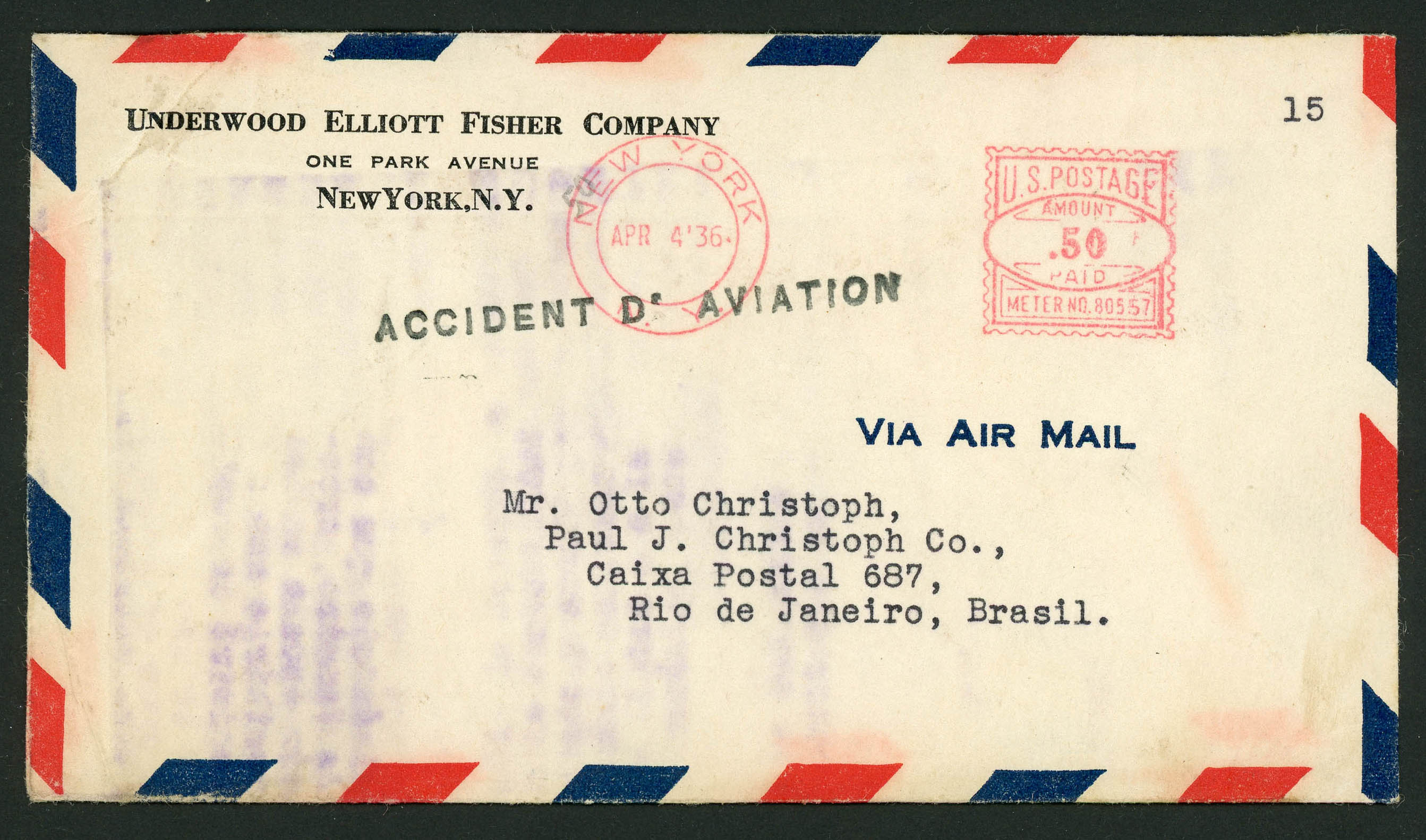 POSTAL HISTORY: CRASH MAIL: 1936 Accident D'Aviation handstamp on US to Brazil...