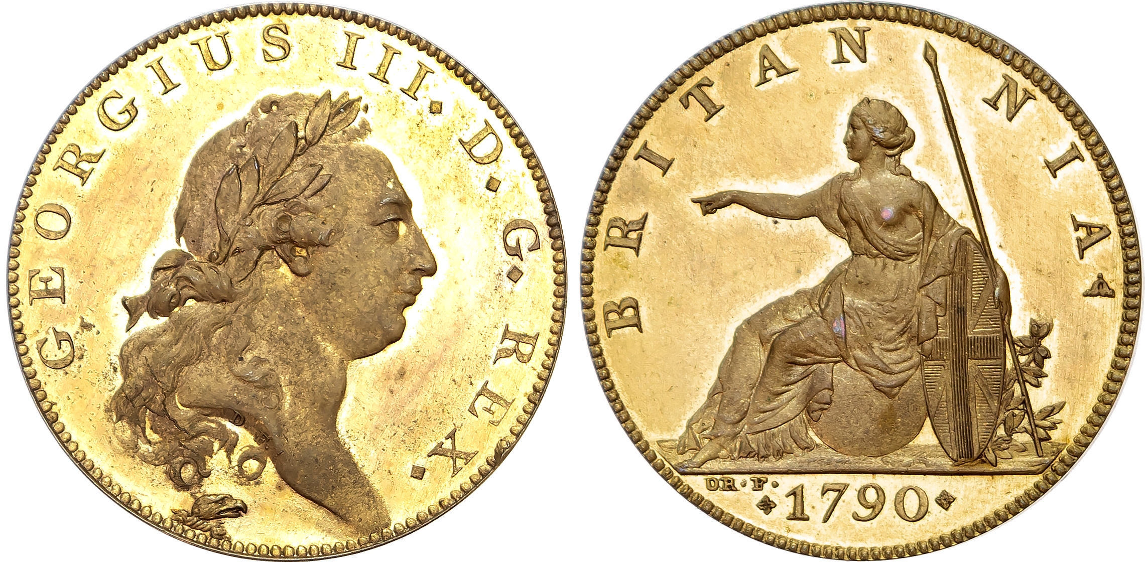 George III (1760-1820) Restrike Pattern Halfpenny, 1790, struck in gilt-copper.