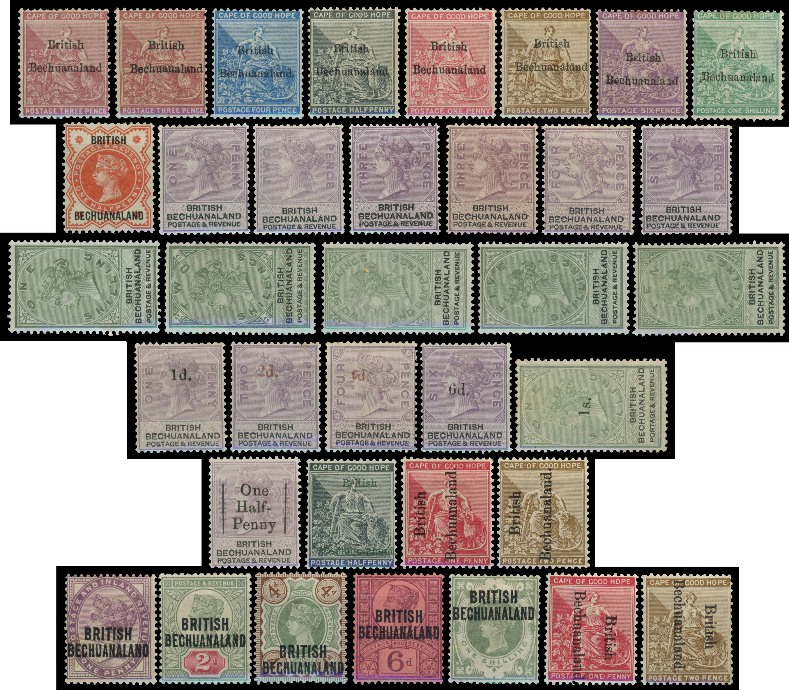Bechuanaland: 1885 to 1s, 1888 to 10s, 1888 1d on 1d to 1s on 1s,  1891 to 1s, 1893 1d and 2d. Mainly good to fine.