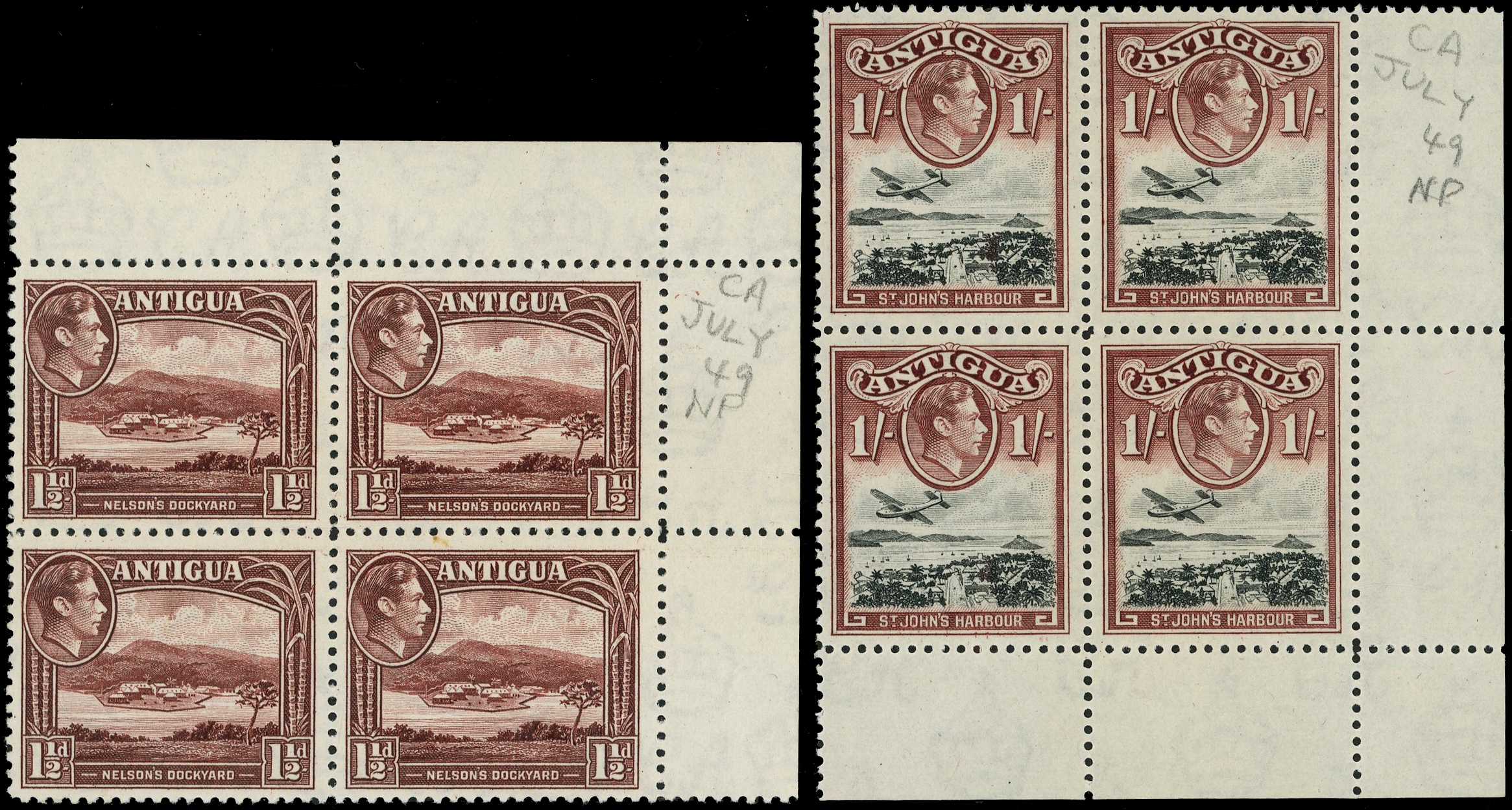 Antigua SG 100b, 105a blocks mint