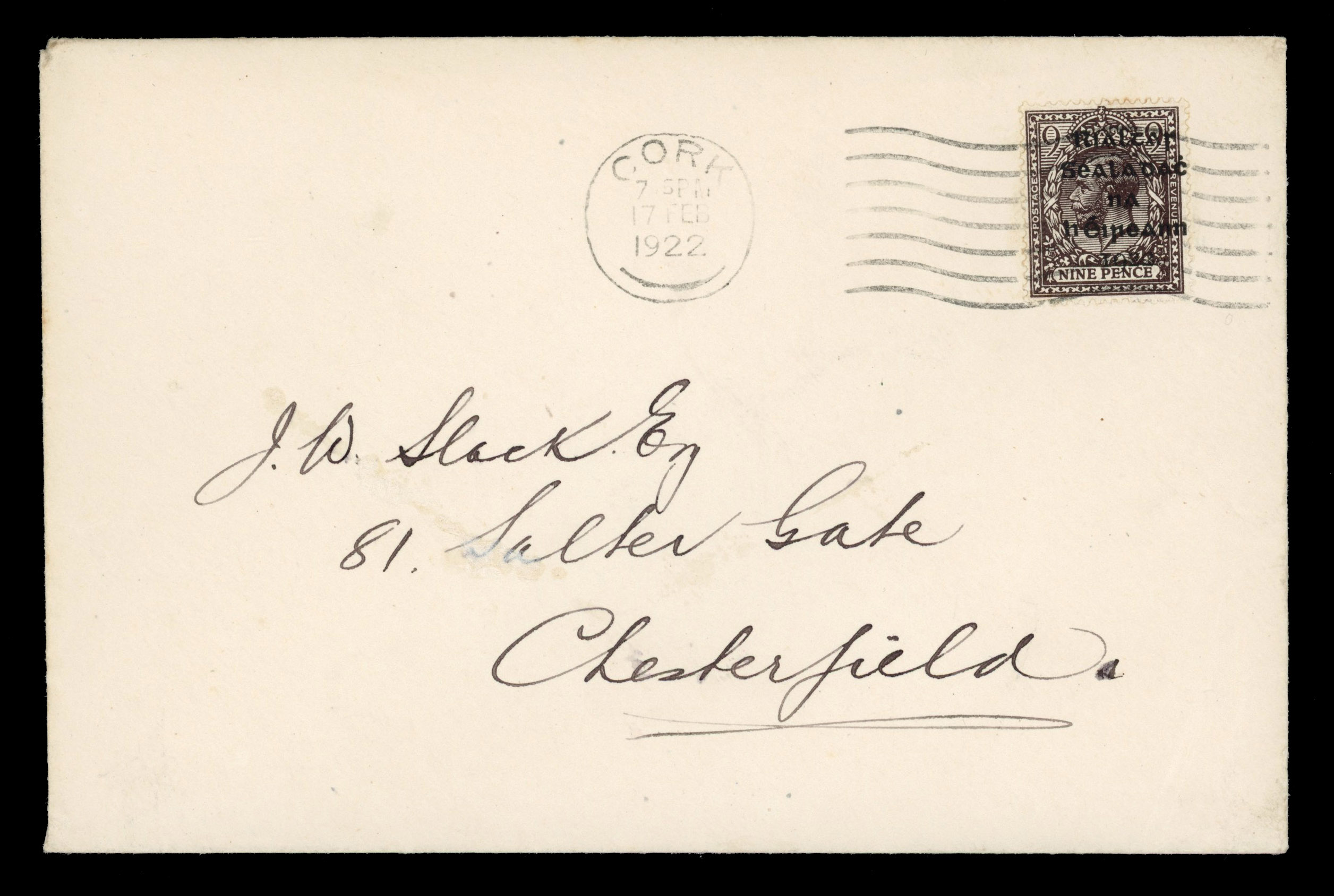 Ireland 1922 (17 Feb) cover from Cork to Chesterfield franked 9d first day