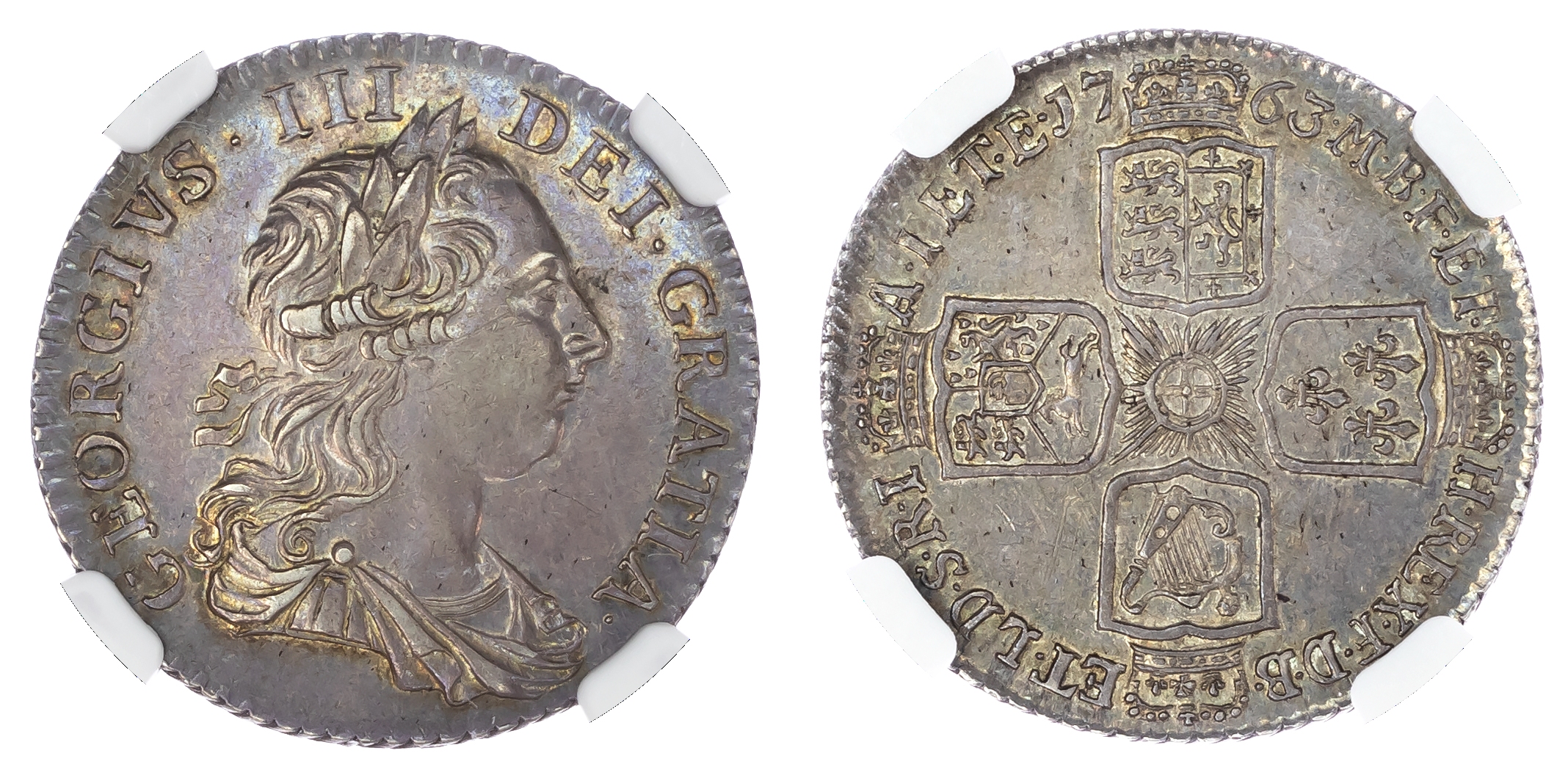 George III (1760-1820), Shilling, 1763, Northumberland type, young laureate and draped bust right, toothed borders both