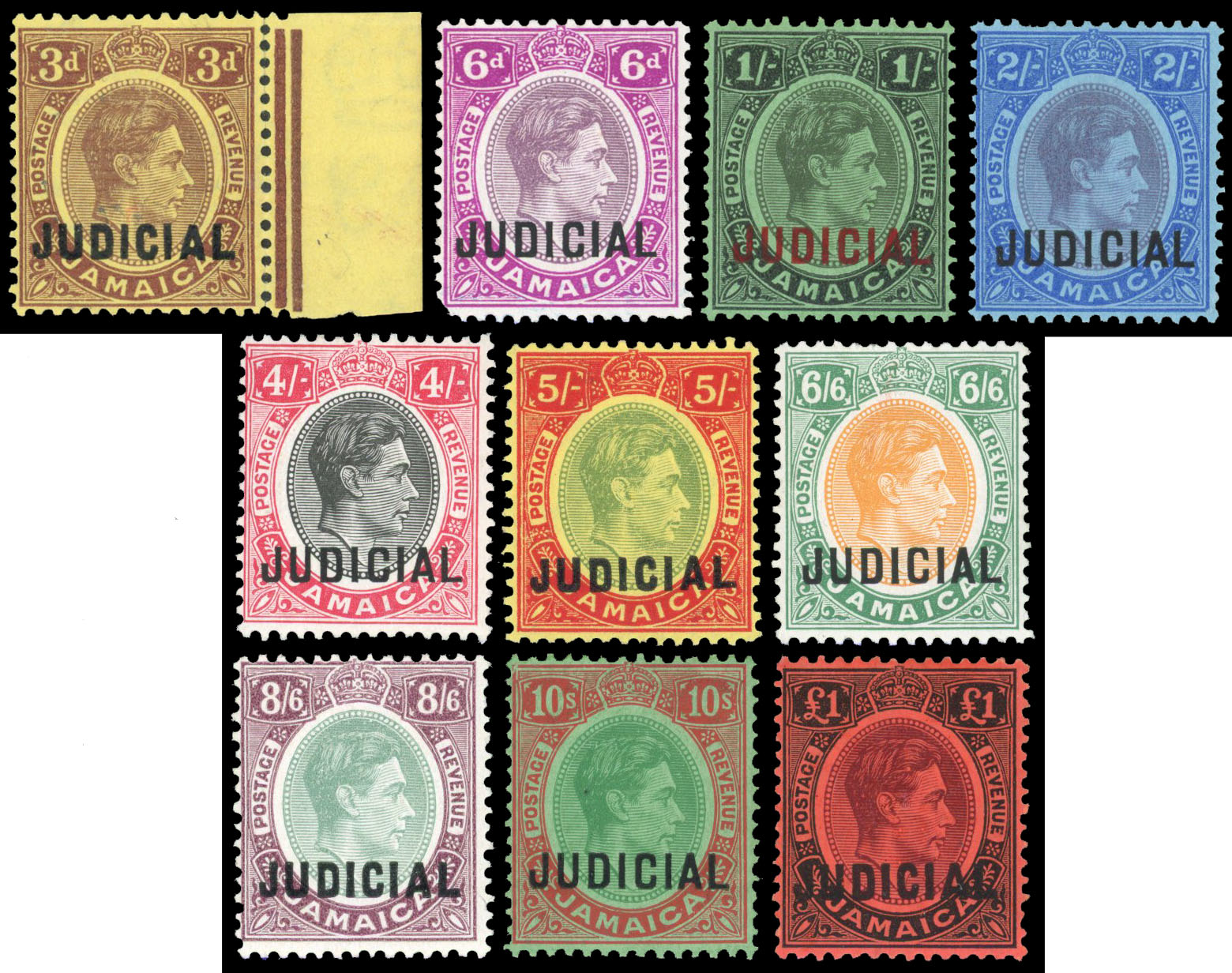 Judicial: 1938-44 3d to £1 complete set of 10 Unique mint set.