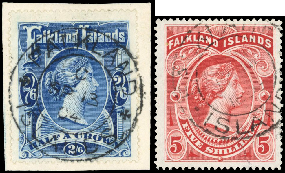 Falkland Is SG 41-2 1898 2s6d and 5s used