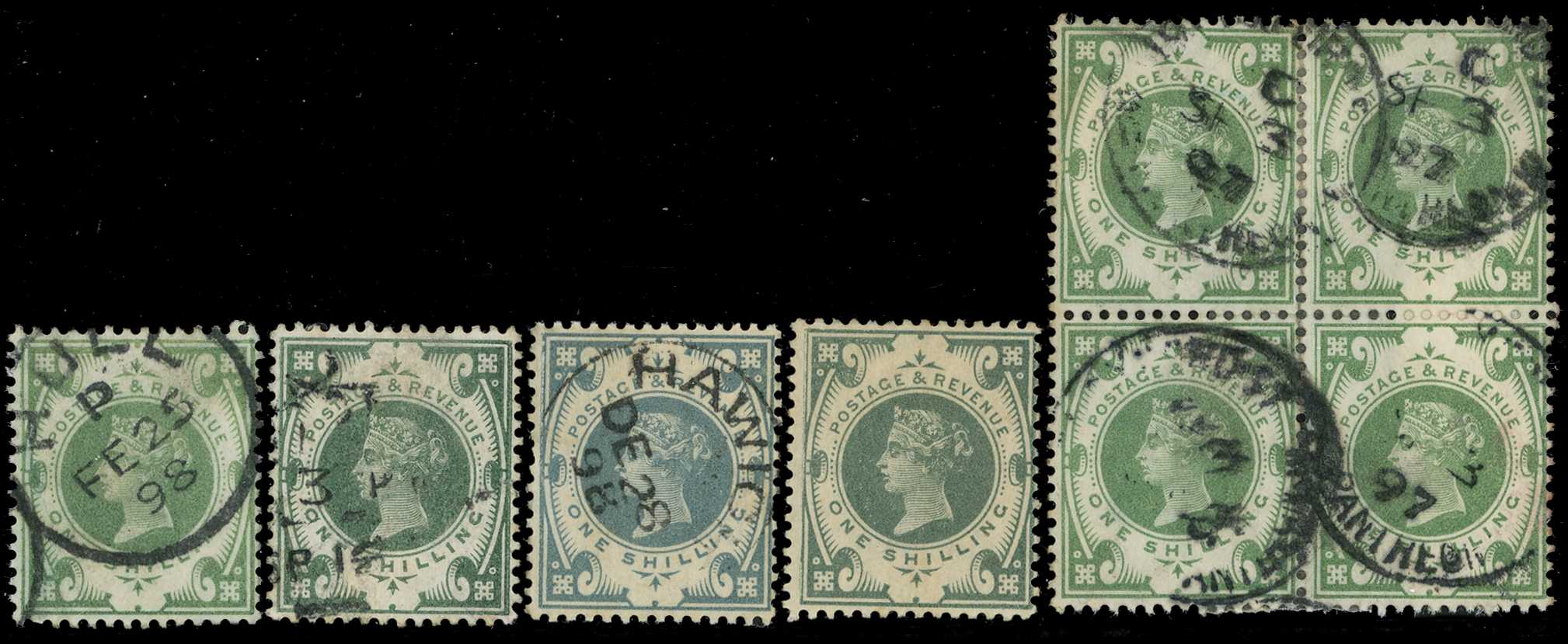 1887 1/- green group showing apparent...