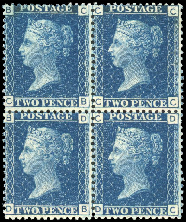 GB SG 46 1869 2d blue Plate 13 block mint