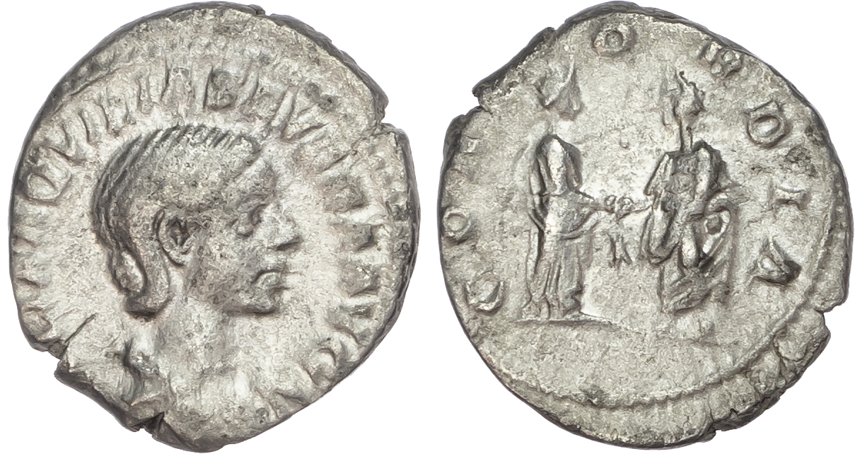Aquilia Severa, Second wife of Elagabalus (AD 220-222) AR Denarius, Rome, 2.99g. 