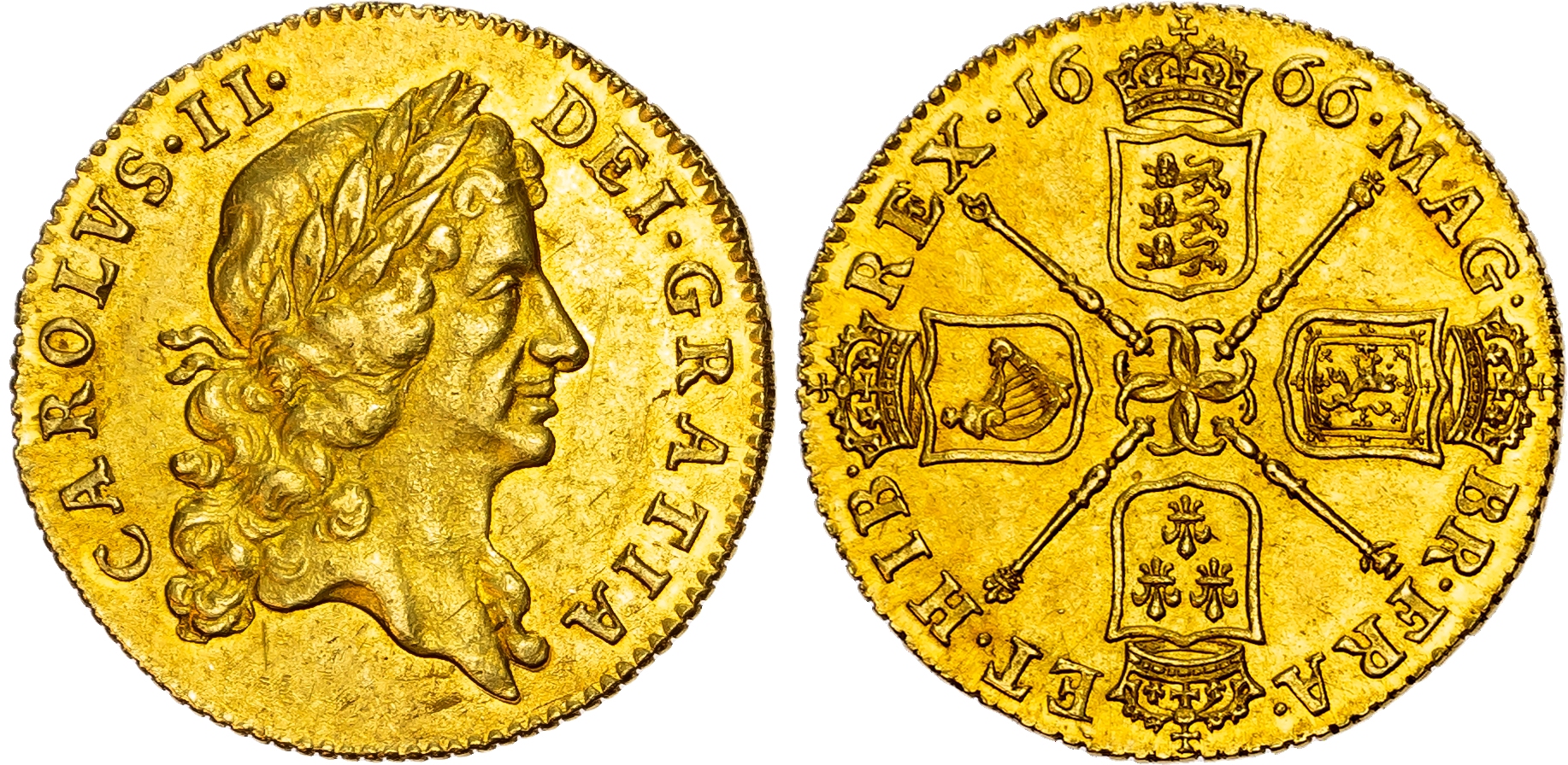 Charles II (1660-85), Guinea, 1666, third laureate head right, rev. four crowned shields cruciform, five strings to harp…