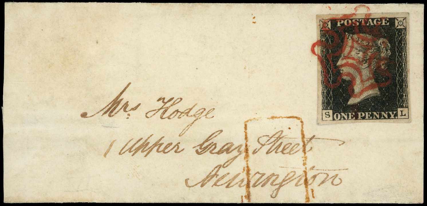 1840 1d black, plate 6 (SL),good to large margins, tied to a tiny entire