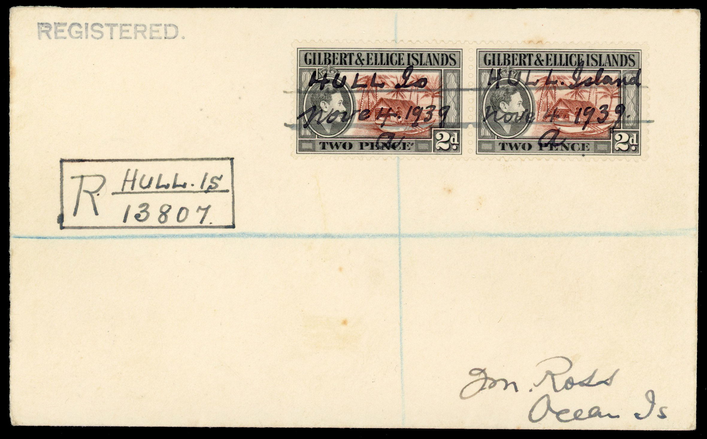 GEI 1939 Hull Island cover manuscript cancel