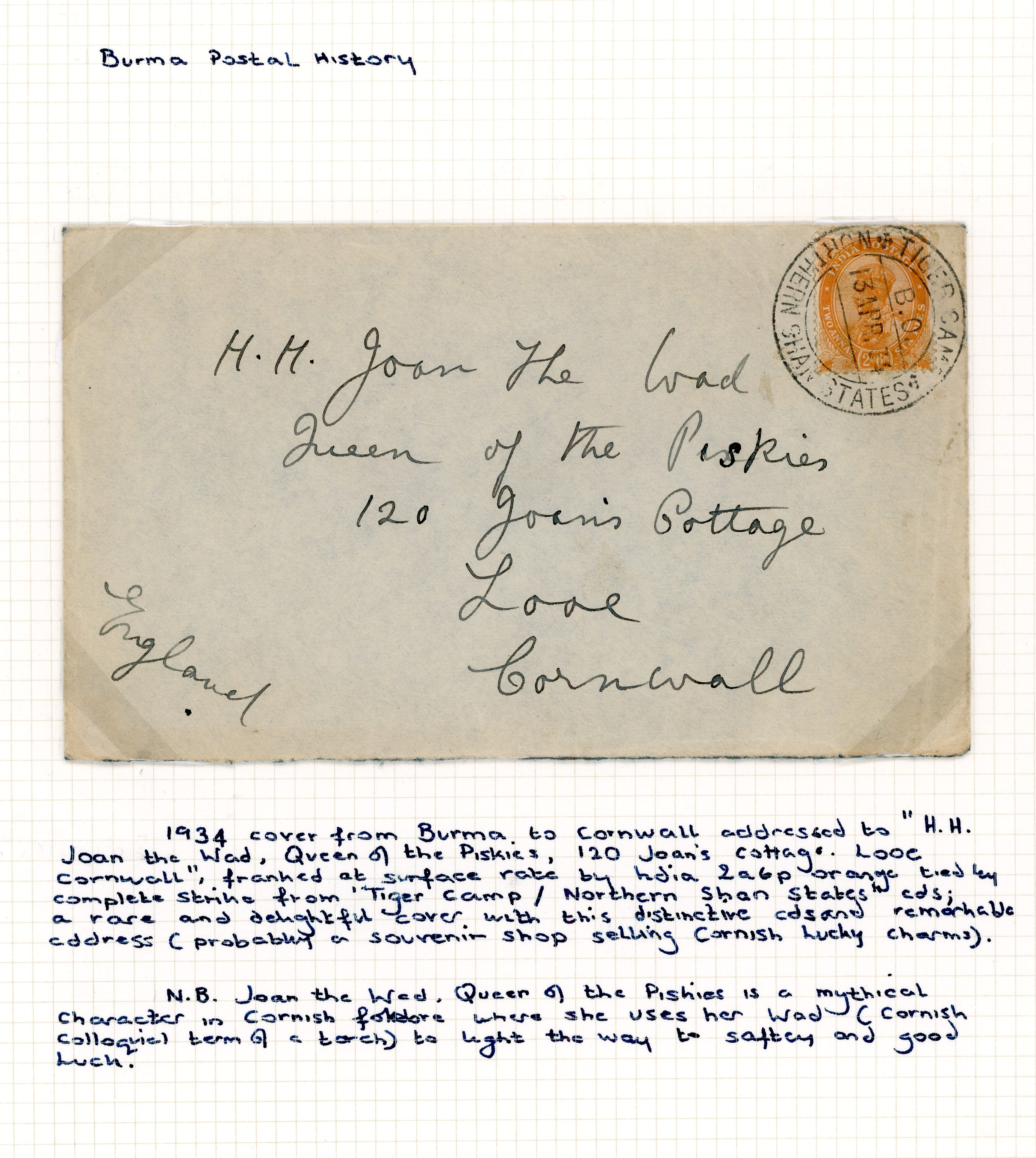 Burma 1934 cover to Cornwall from Tiger Camp Shan States