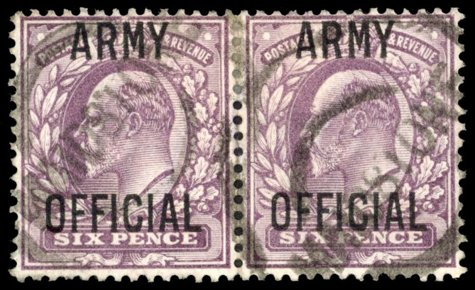GB Army Official. 1902 6d Pale dull purple, horizontal pair used, SG O52