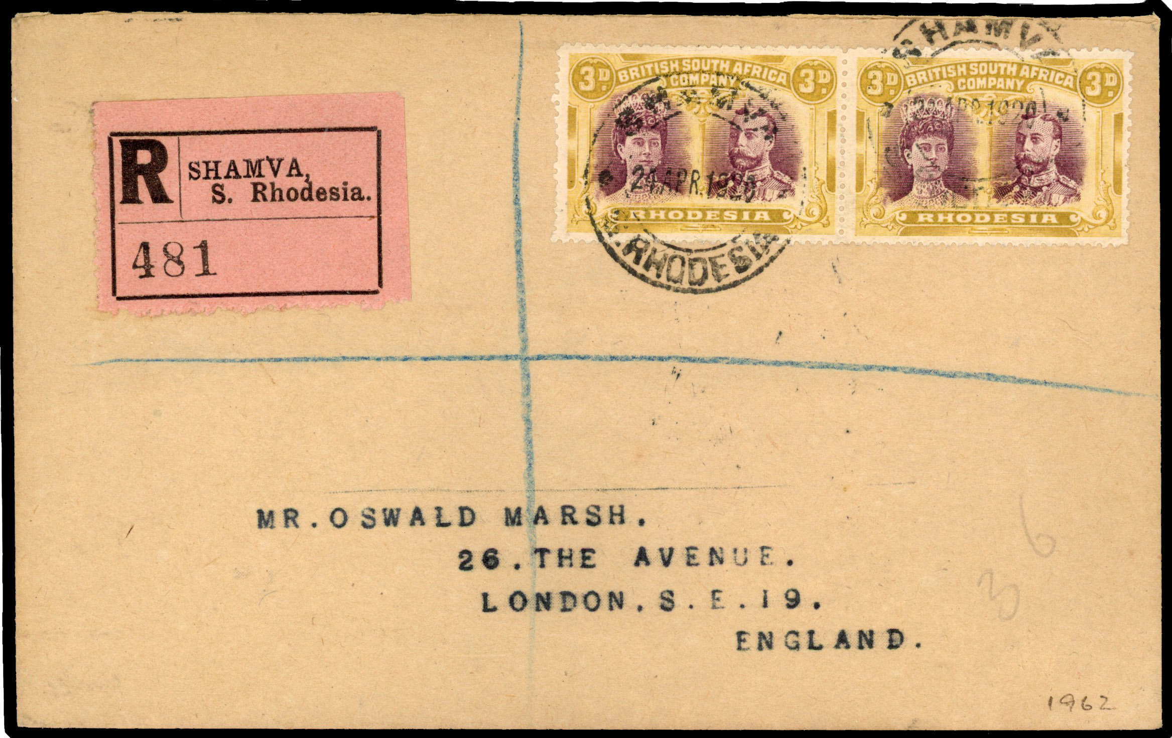 Rhodesia 1920 registered cover from Shamva to London