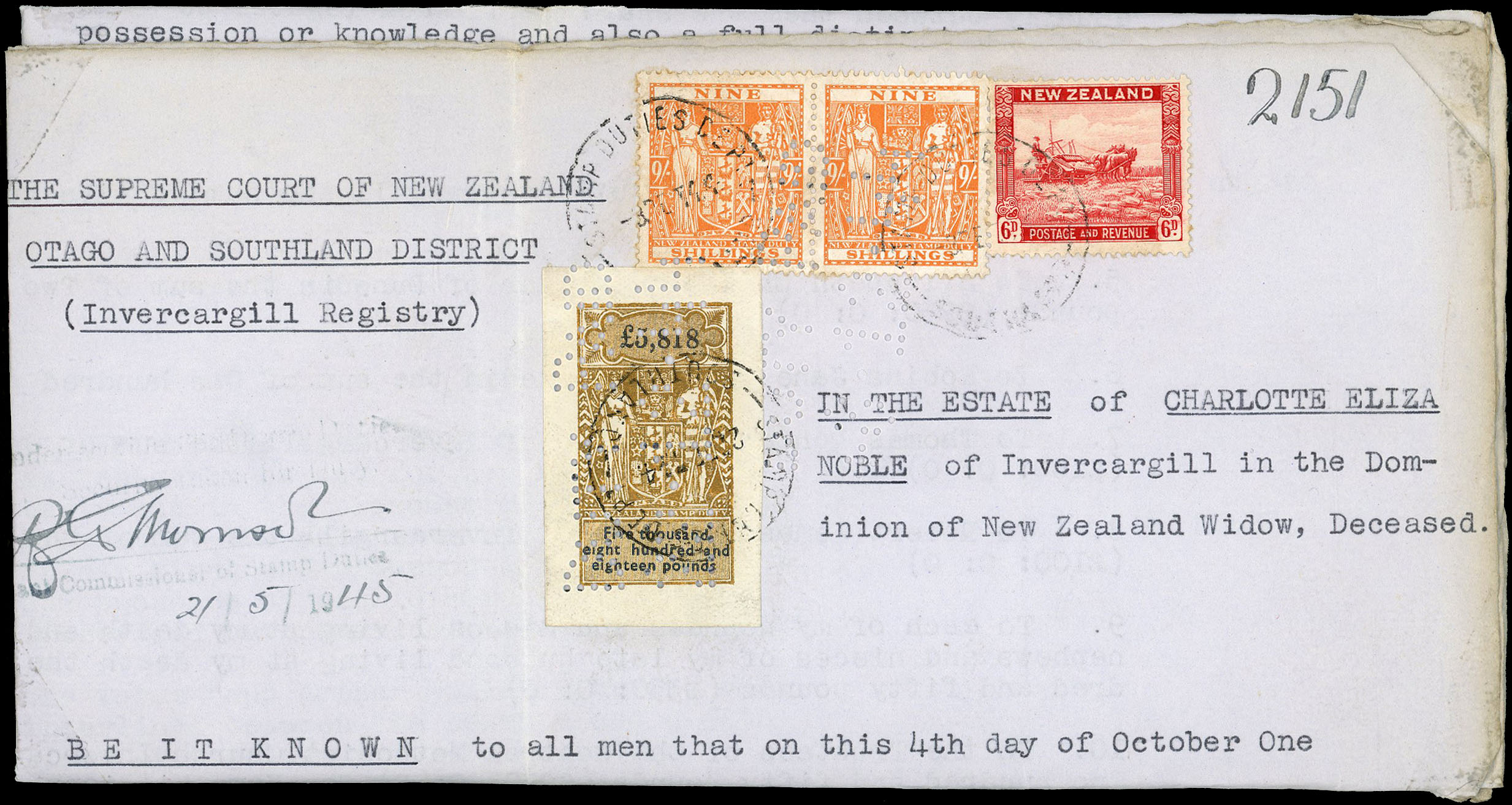 1944 Complete estate document bearing 1935 imperforate Coat...
