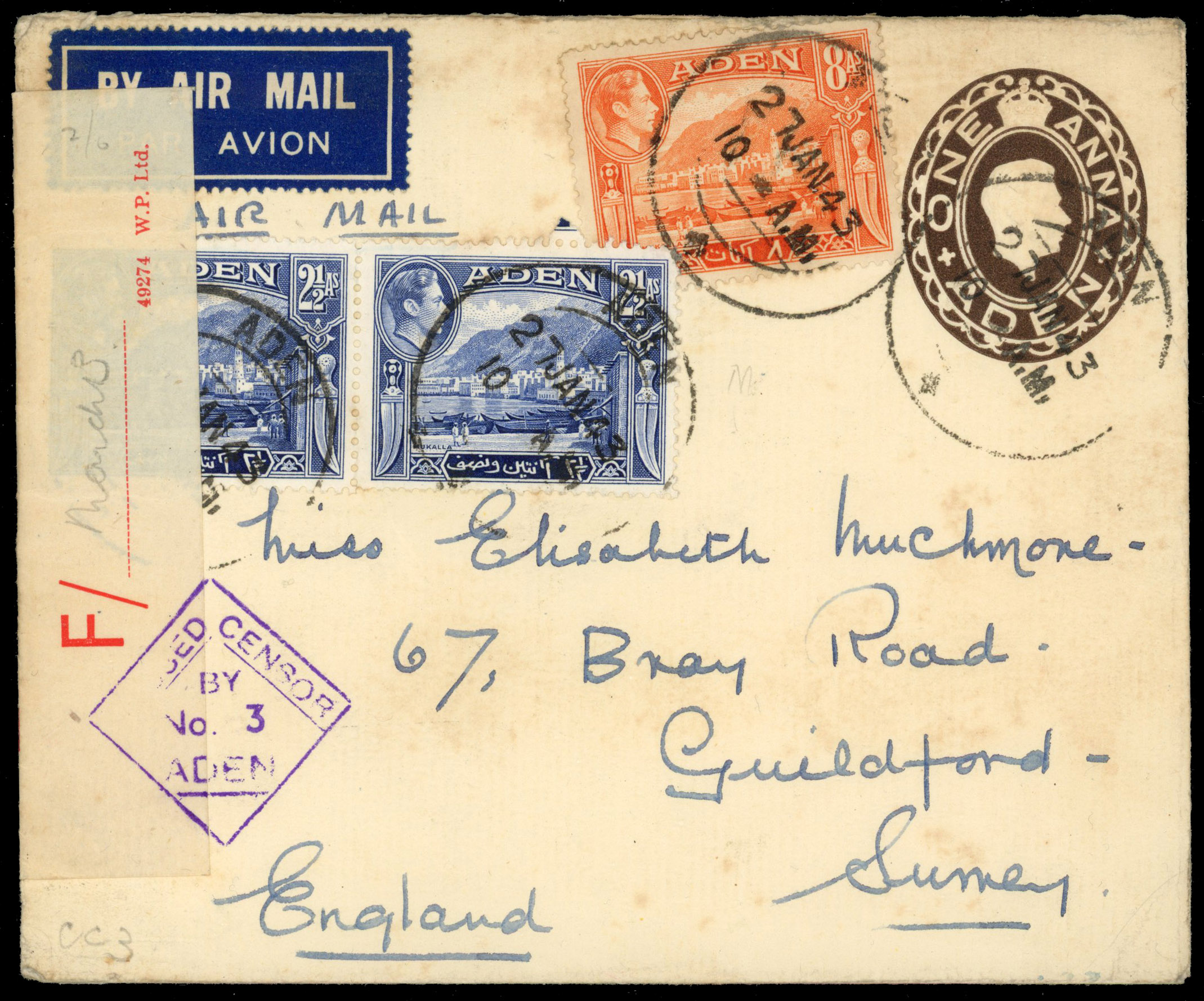 Aden 1943 postal stationery envelope to UK