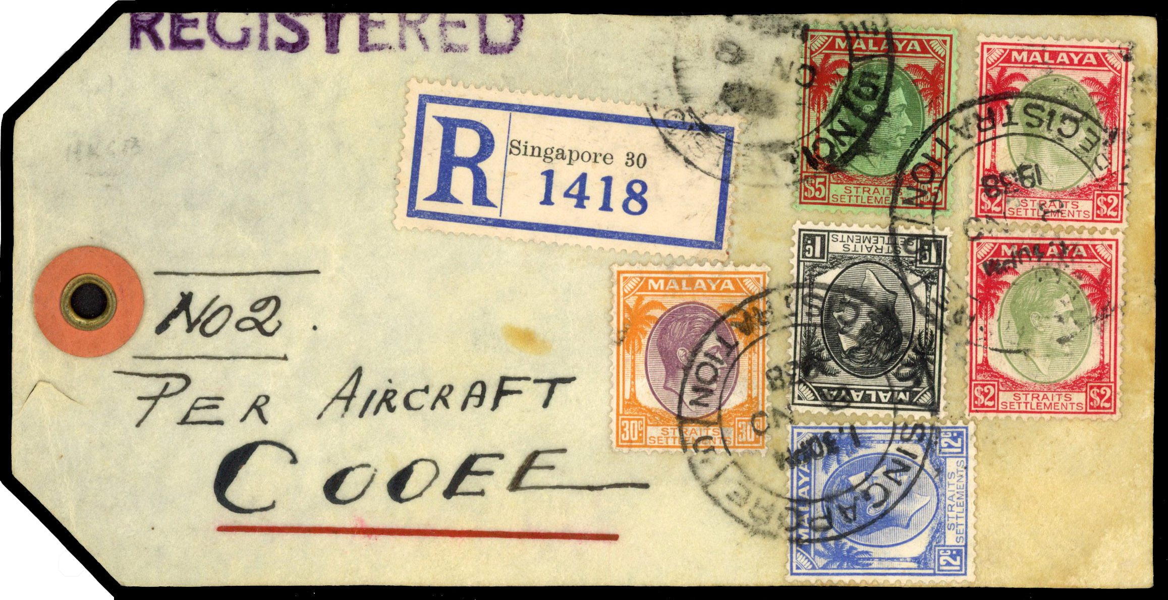 Straits Settlements 1938 registered airmail parcel tag