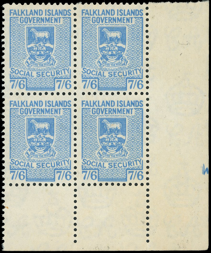 Falkland Islands Social Security 7s6d blue mint block 