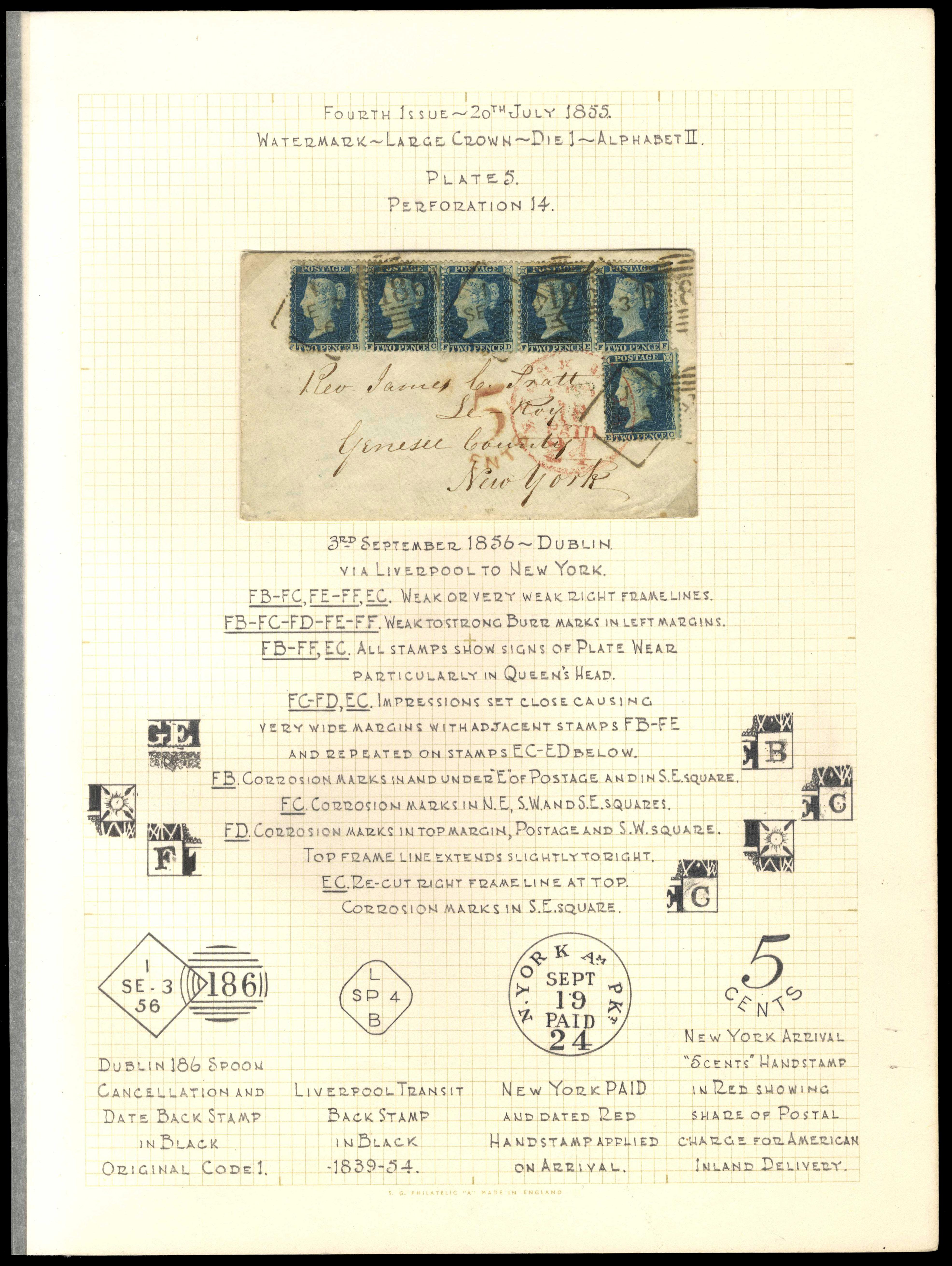 GB 1855 2d blue Plate 5 cover to New York