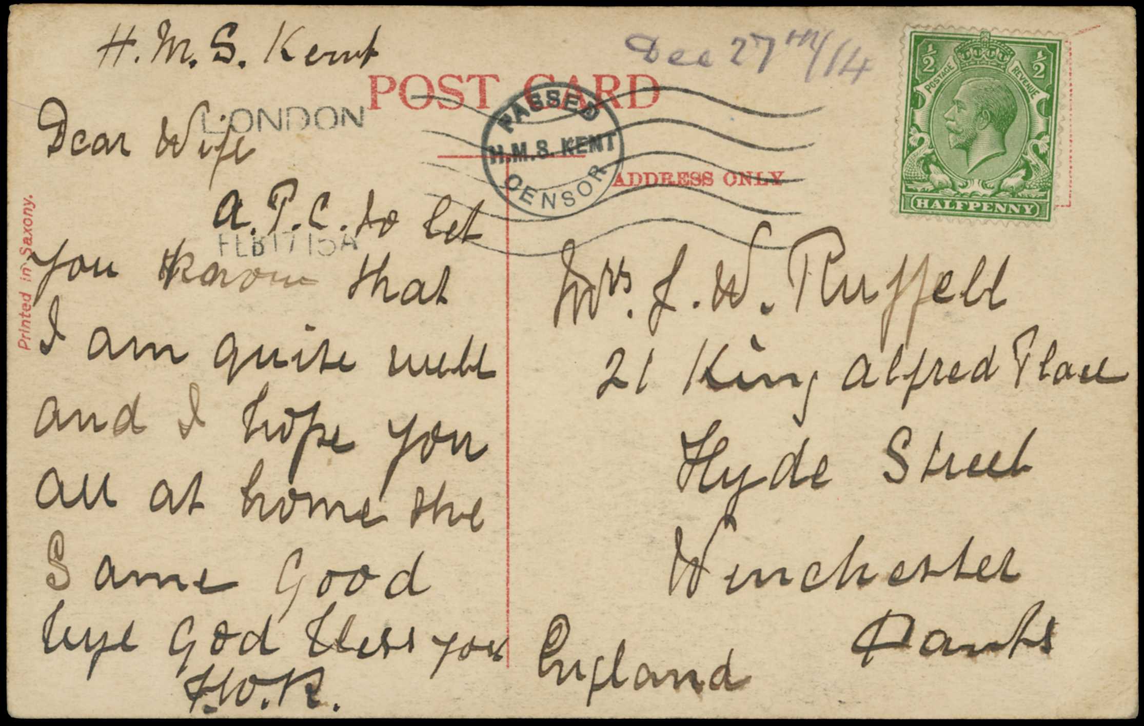 Battle of the Falkland Islands. 1914 postcard...