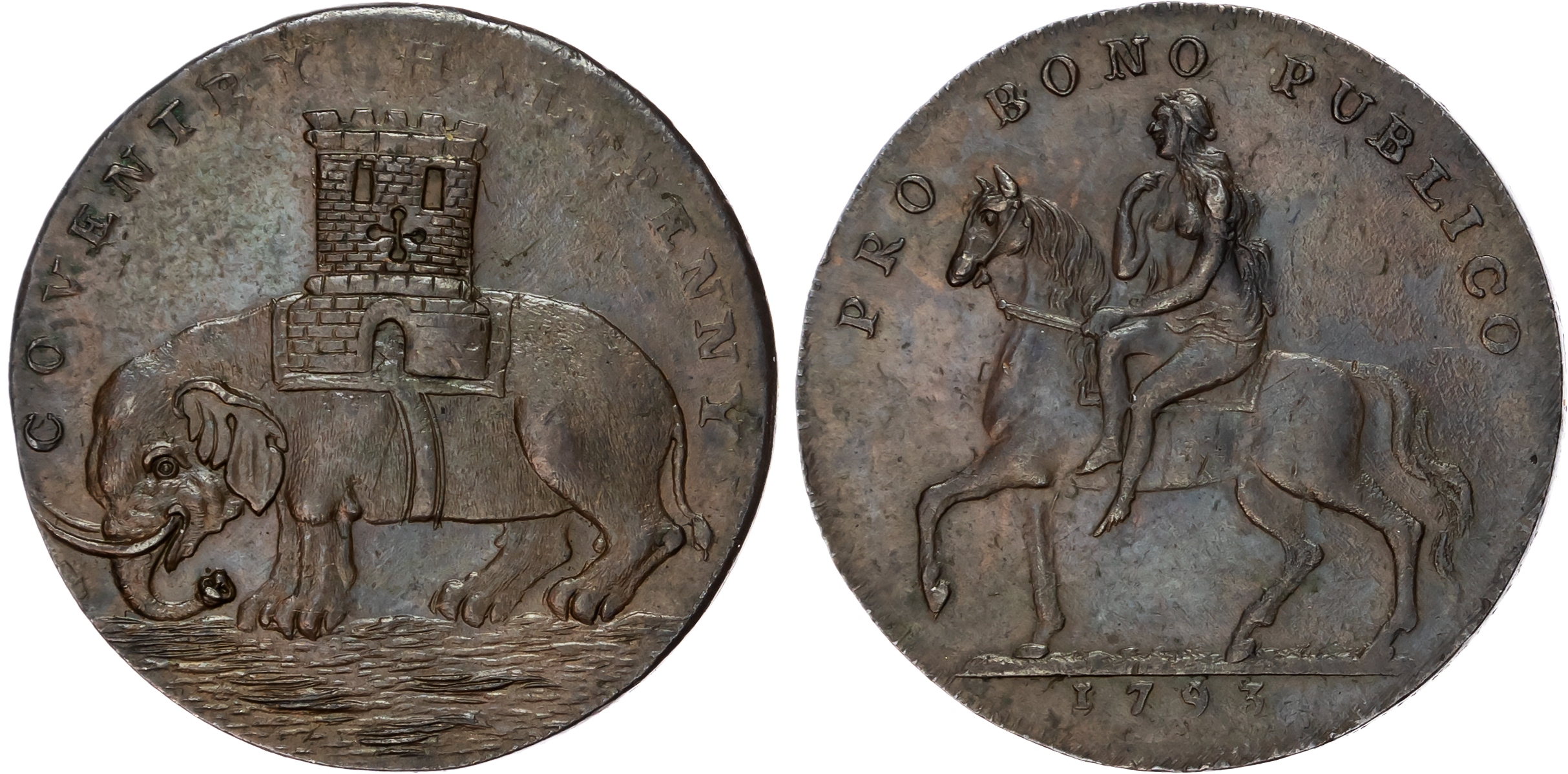 Warks. Coventry, Reynolds & Co., (ribbon weavers) contemp. imitation halfpenny 1793, Lady Godiva on horseback,…