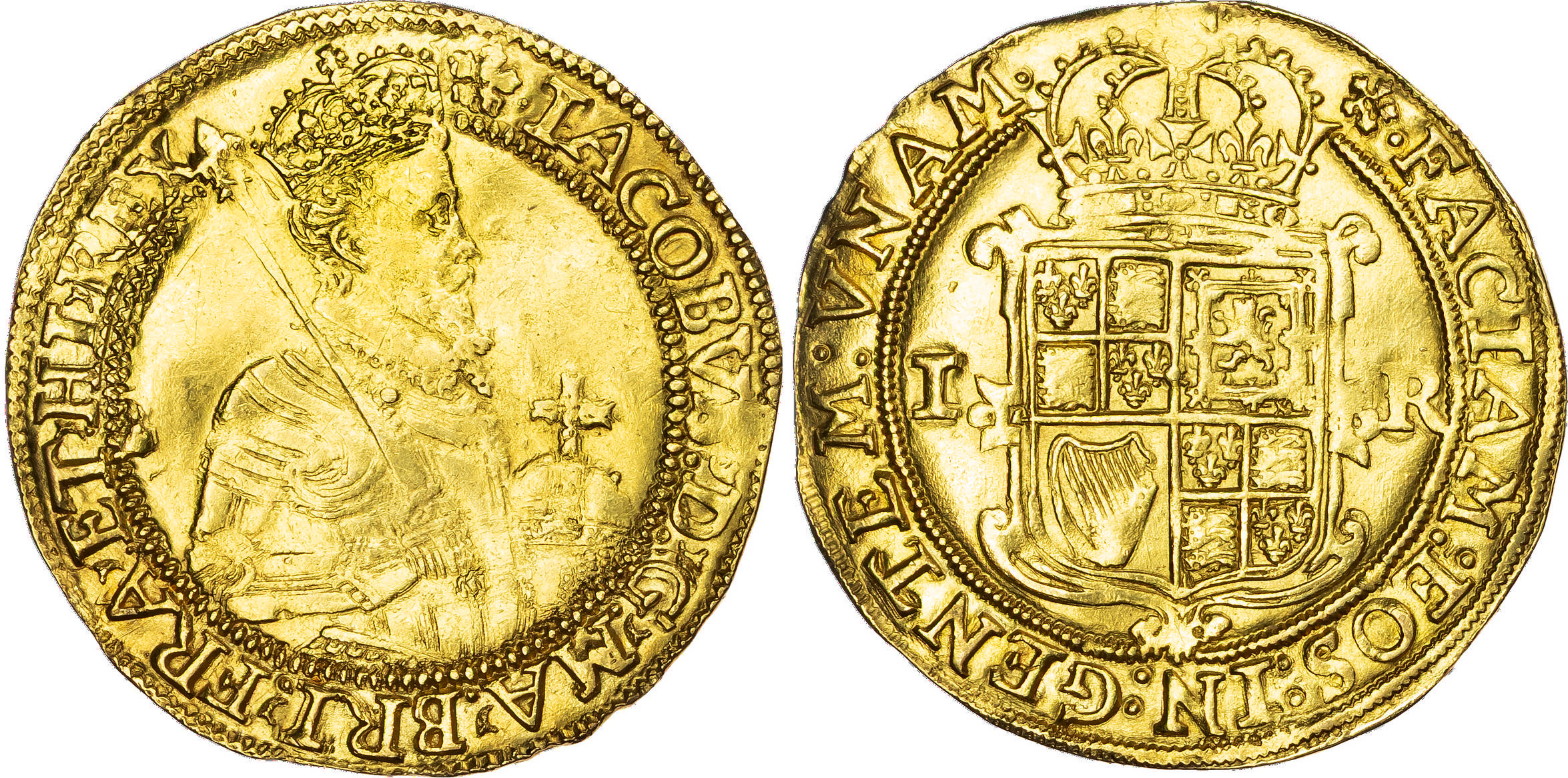 James I (1603-1625), AV Unite, Second Coinage, Tower (London) mint, mm. cinquefoil (1613-15).