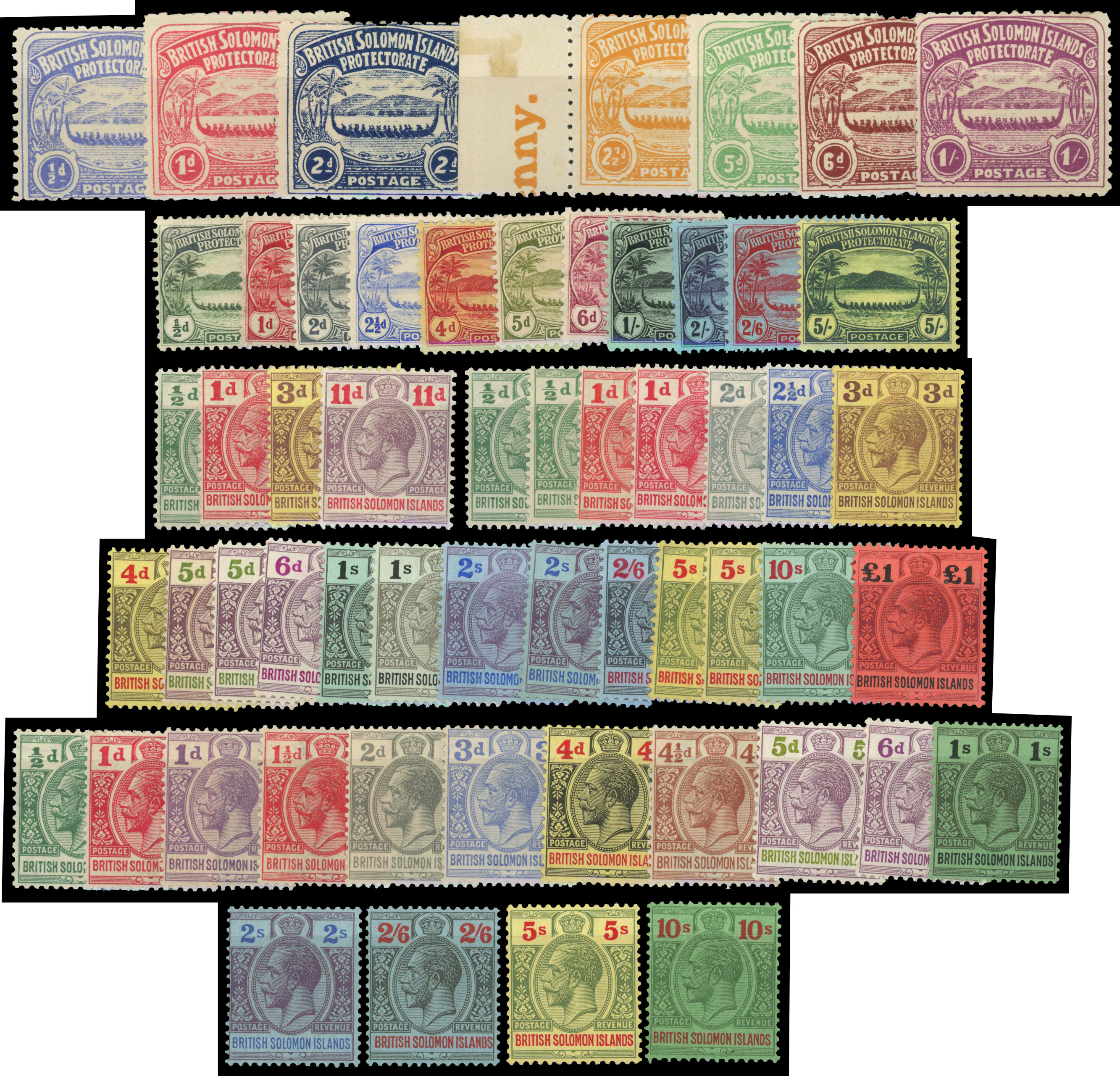 Solomon Islands: Mint on stockcard including 1907 to 1s, 1908 to 5s, 1913 to 11d, 1914 to £1 and 1922 to 10s, mainly good to