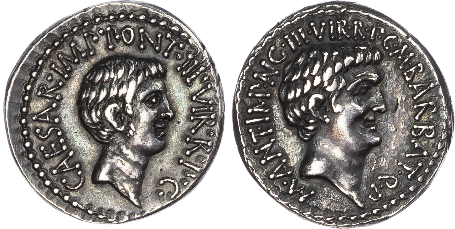 Mark Antony and Octavian (41 BC) AR Denarius, Ephesus (?), M. Barbatius Pollio, quaestor pro praetore, 4.01g.