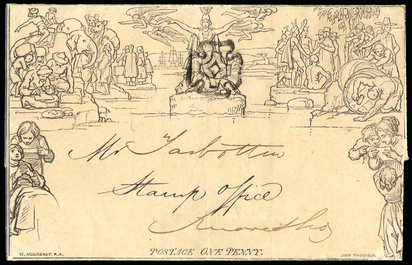 Great Britain 1840 1d Mulready lettersheet Forme 4 Stereo A 51. Very fine used example sent from York to Knaresbor…