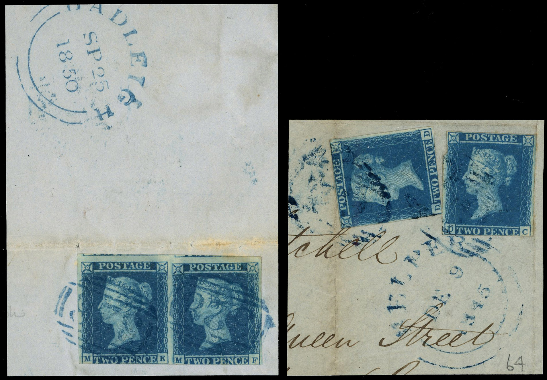 1841 2d Blue Pl.3 & Pl.4. two pieces blue numerals