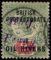 1893 ½d on 2d handstamped Type 7 in violet, Old Calabar River CDS MR 2 94.  Minor discolouration on reverse.  SG 20,...
